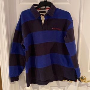 Nautica blue striped collared fleece shirt with one button; XL